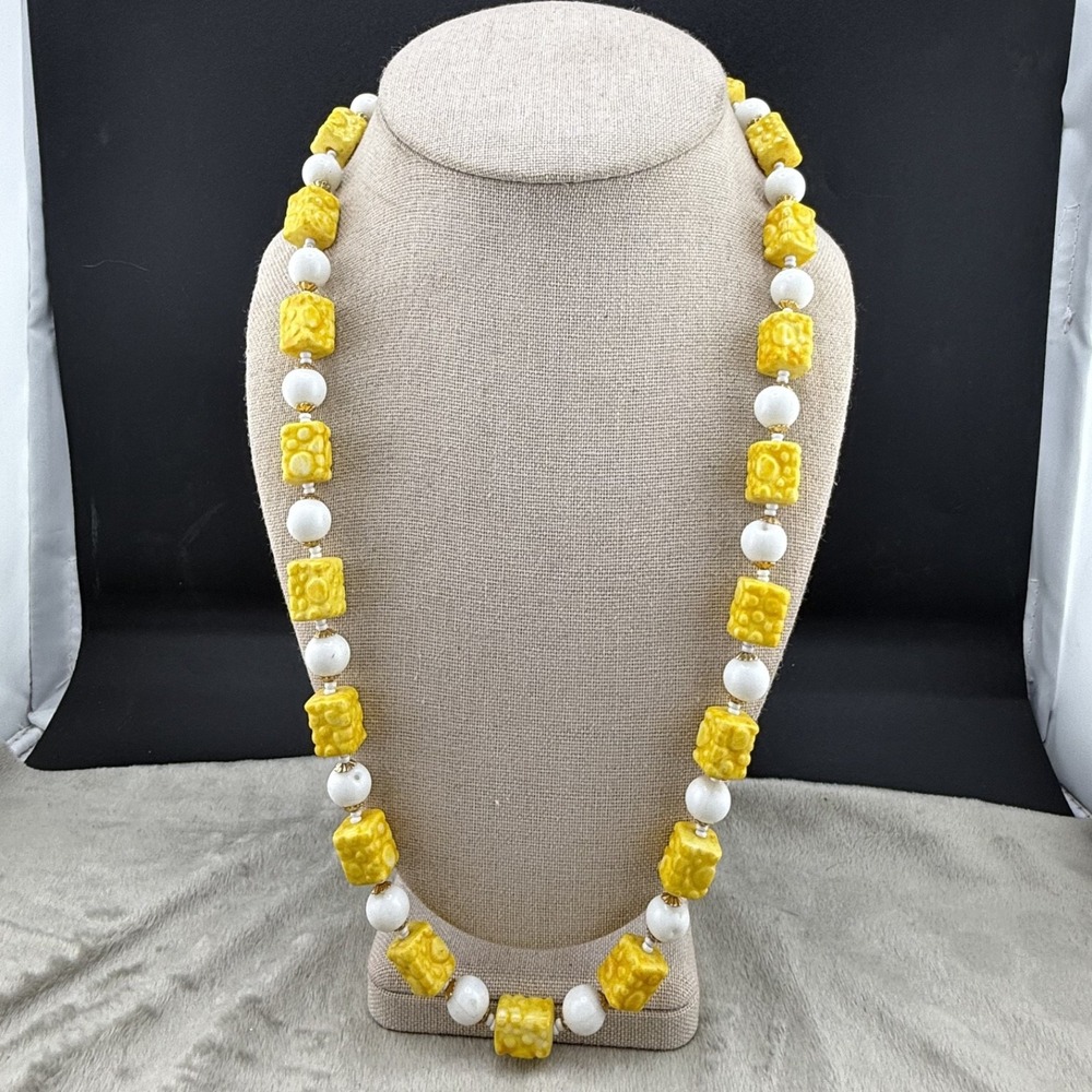 Vintage Beaded Necklace Yellow White Retro Acrylic 23”